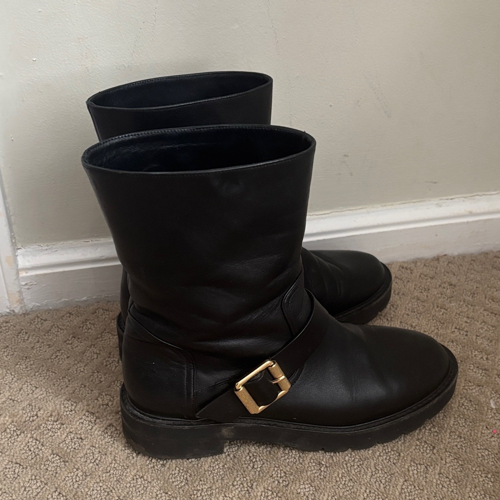 Stuart Weitzman Black Combat Boots with Gold Buckle